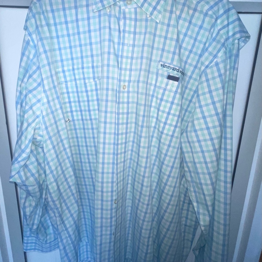 Vineyard Vines Men's Light Blue and Green Plaid Harbor Shirt